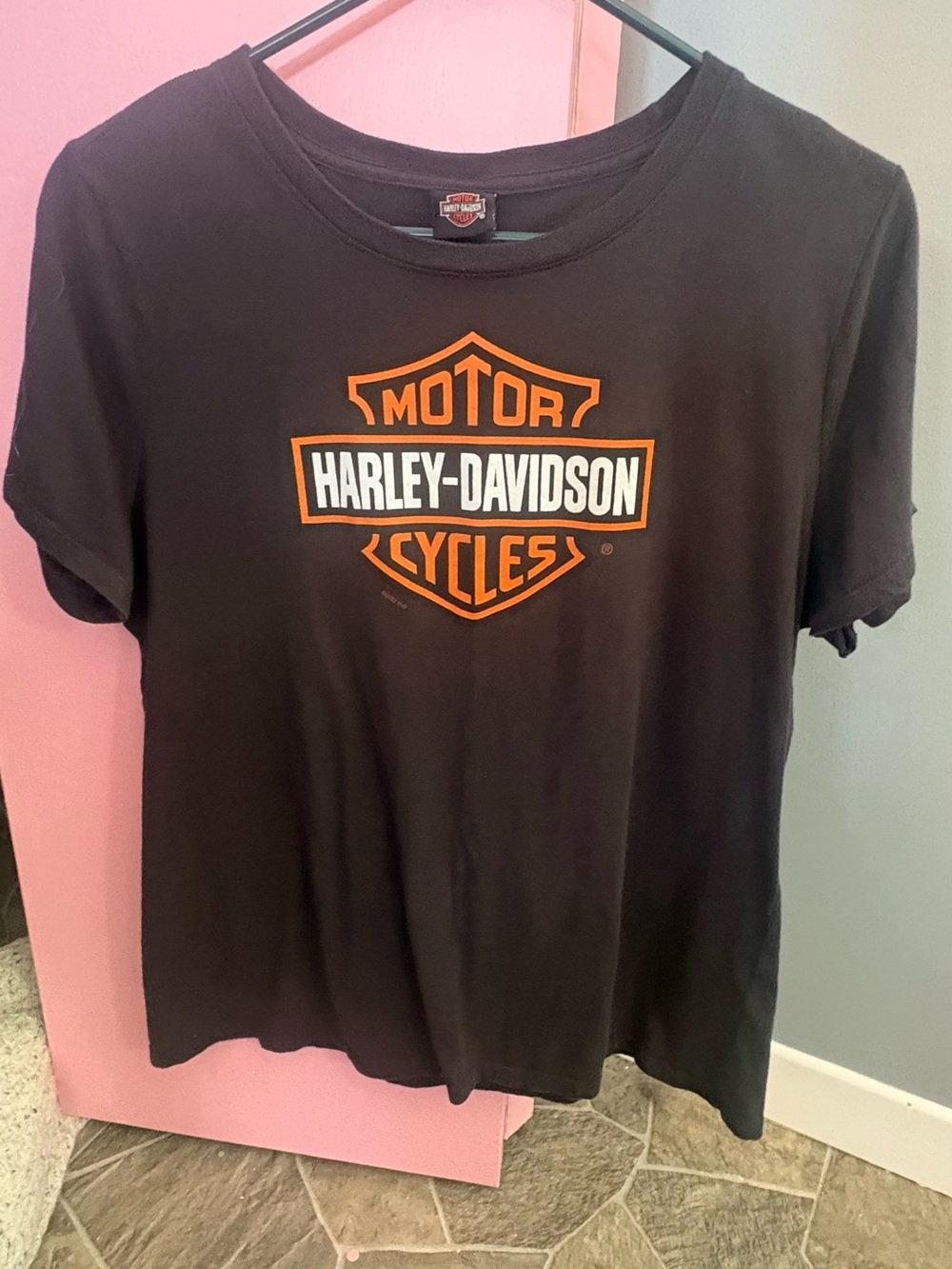 Harley-Davidson Black Tee with Orange & White Bar & Shield